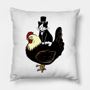 Tuxedo Cat on a Chicken Funny Pillow