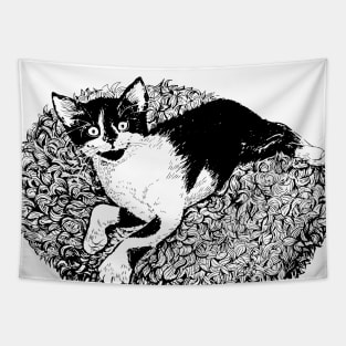 Tuxedo kitten ink drawing Tapestry