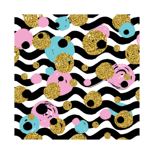 Black Waves and Blue Pink Gold Dots T-Shirt