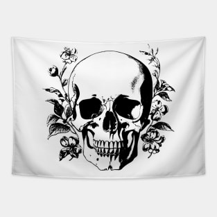 Vintage Black and White Human Skull with Leaves and Flowers Tapestry