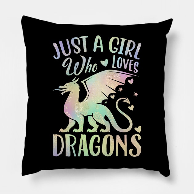 Just A Girl Who Loves Dragons Blue Golden Touched Rainbow Pillow by Kylie Paul