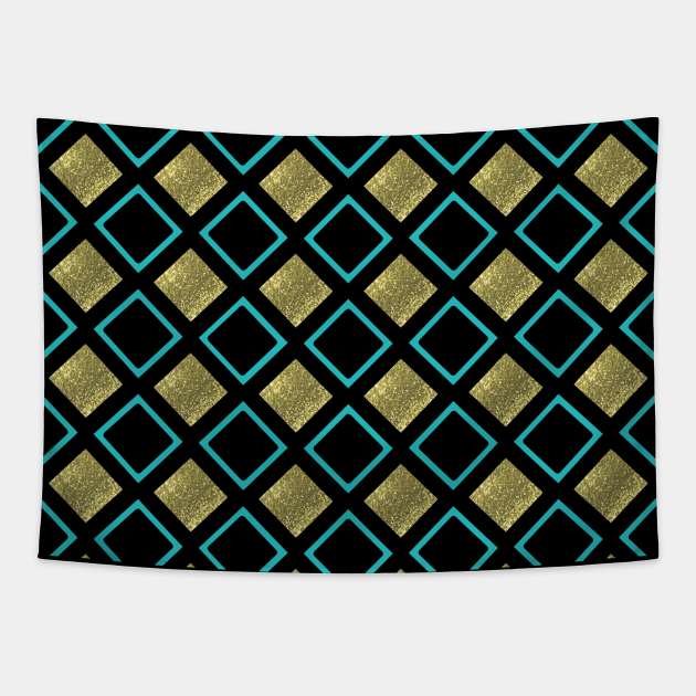 Harlequin design in black and gold with teal Tapestry by MettaArtUK