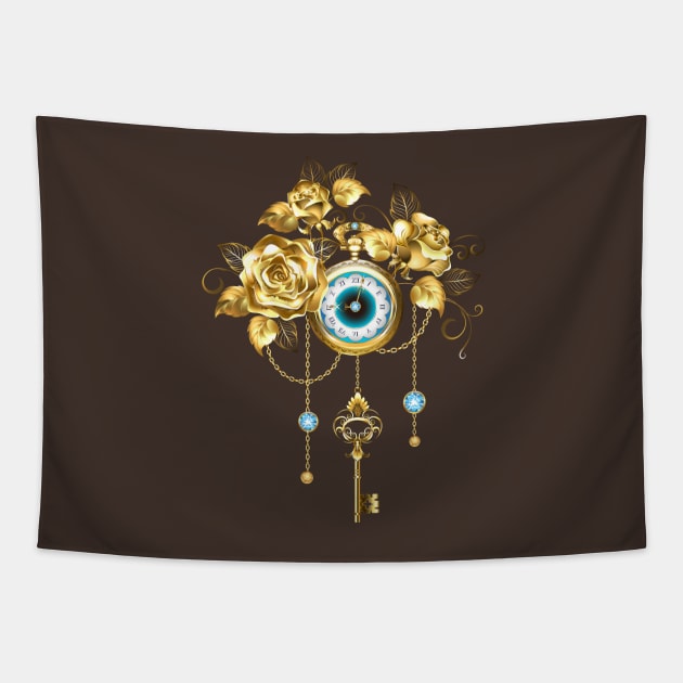 Steampunk Clock with Gold Roses Tapestry by Blackmoon9