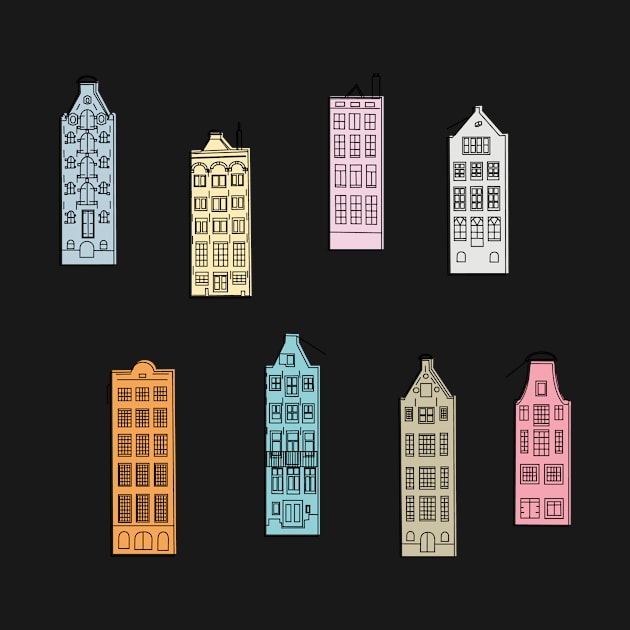 Facades of old canal houses from Amsterdam City rainbow colorful illustration by sinemfiit