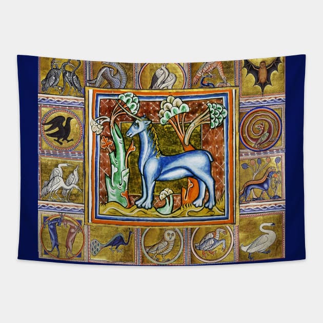 MEDIEVAL BESTIARY,UNICORN,FANTASTIC ANIMALS IN GOLD RED BLUE COLORS Tapestry by BulganLumini