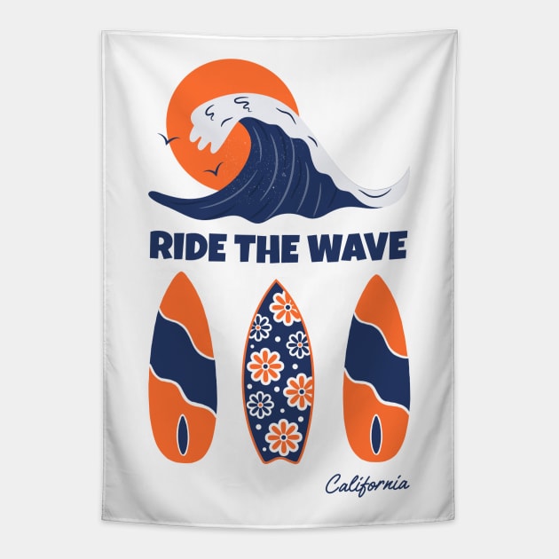 Ride the wave surfboard california Tapestry by Rdxart