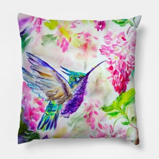 Hummingbird in flower garden Pillow