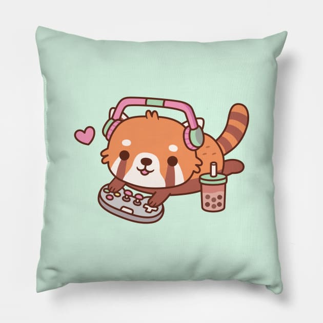Cute Red Panda Gamer Chilling With Video Games Pillow by rustydoodle