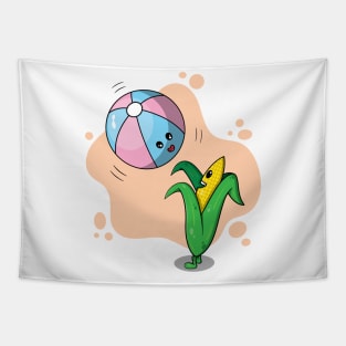 Cute corn playing with beach balloon Tapestry