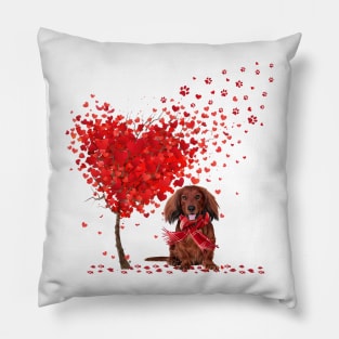 Valentine's Day Heart Tree Love Red Long Haired Dachshund Pillow