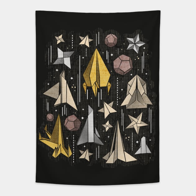 Reaching for the stars // illo // black background ivory grey brown and yellow origami paper asteroids stars and space ships traveling light speed Tapestry by SelmaCardoso