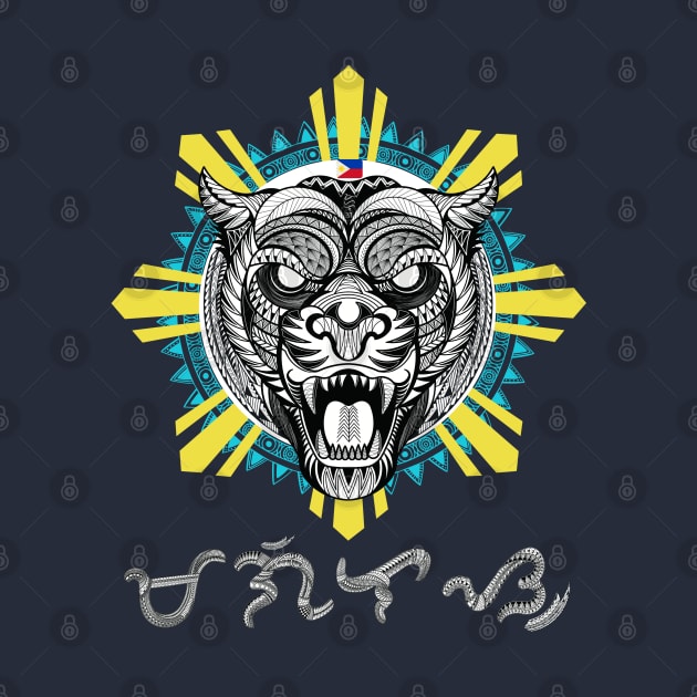 Philippine Sun Tribal line Art Tiger / Baybayin word Magilas (Elegance) by Pirma Pinas