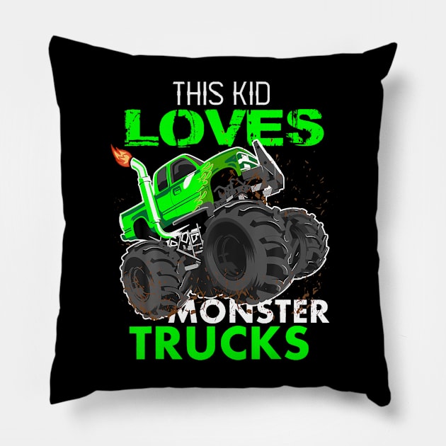 This Kid Loves Monster Trucks Kids Birthday Pillow by MaciGalloway3