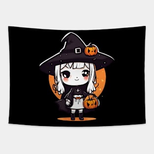 Witchcraft cute anime characters Chibi style with pumpkin Halloween Tapestry