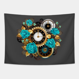 Steampunk Striped Background with Clock and Turquoise Roses Tapestry