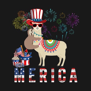 Llama Riding Sloth American Flag USA Cute 4th Of July Fourth T-Shirt