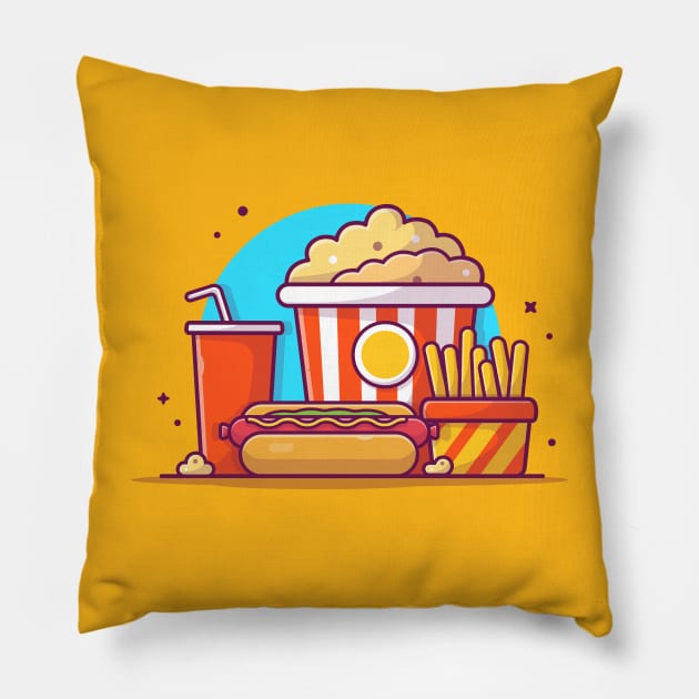 Tasty Combo Menu Hotdog with Popcorn, Soda and French Fries Cartoon Vector Icon Illustration Pillow by Catalyst Labs