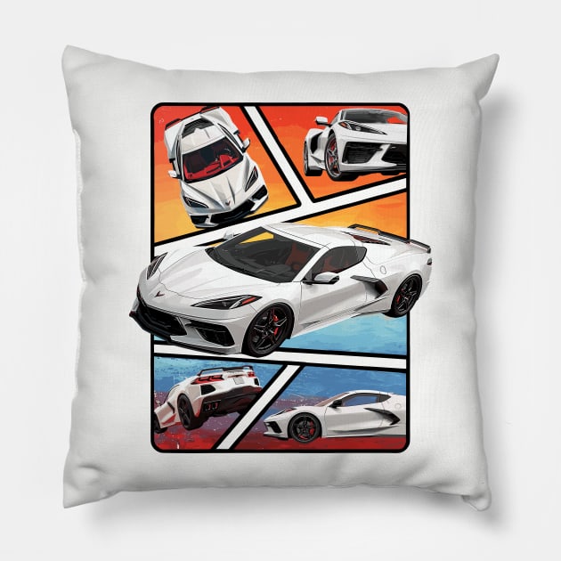 Multiple Angles of the Arctic White C8 Corvette Presented In A Bold Vibrant Panel Art Display Supercar Sports Car Racecar Torch Arctic White Corvette C8 Pillow by Tees 4 Thee