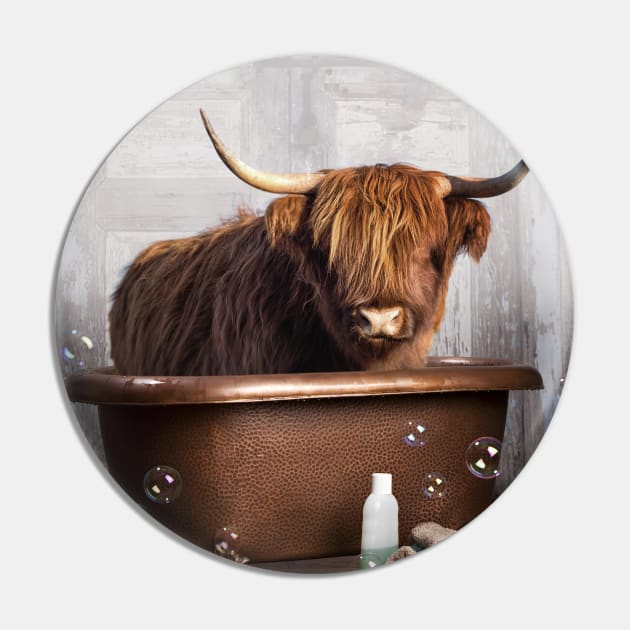 Highland Cow in a Bathtub Pin by DomoINK