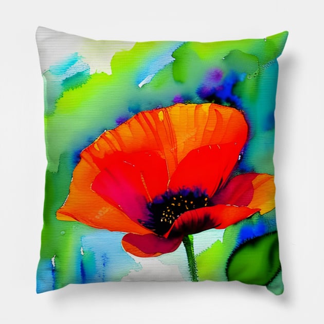 Colorful Digital Watercolor of Red Poppies (MD23Mrl011) Pillow by Maikell Designs