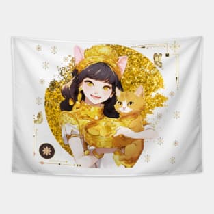 A beautiful young woman and a cute cat smile while giving people gold. Tapestry