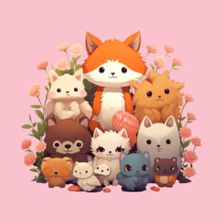 Pyramid of Cute Animals in Kawaii Style T-Shirt