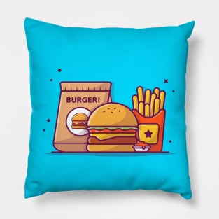 Take Away Burger, French Fries With Sauce Cartoon Pillow