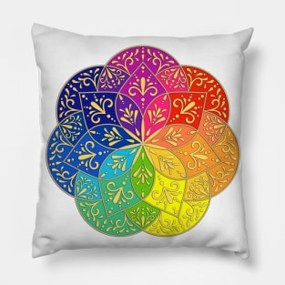 Rounded colorful mandala with golden arabesques Pillow