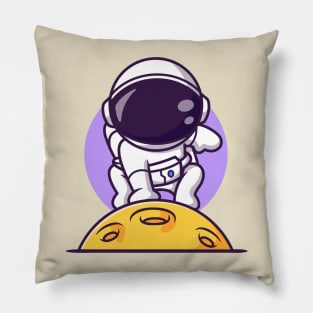 Cute Astronaut Landing On The Moon Cartoon Pillow