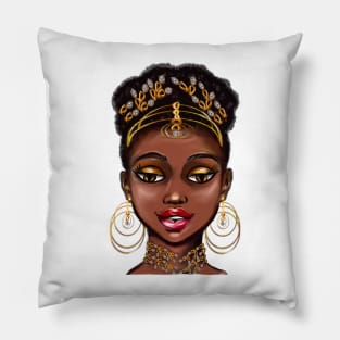 Queen Black is beautiful vi anime manga black woman with gold tiara earrings and necklace Pillow