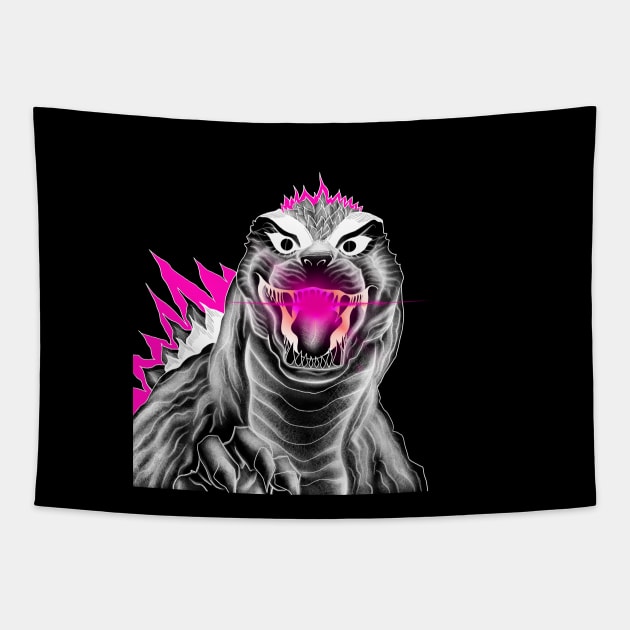 happy punk kaiju godzilla in pink style Tapestry by jorge_lebeau