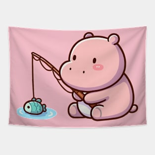 cute hippo fishing Tapestry