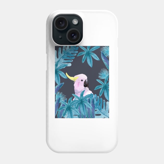 Cockatoo with tropical leaves in watercolor and an indigo background Phone Case by Sandraartist