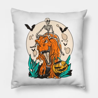 Skeleton Riding T-rex With Pumpkin Pillow