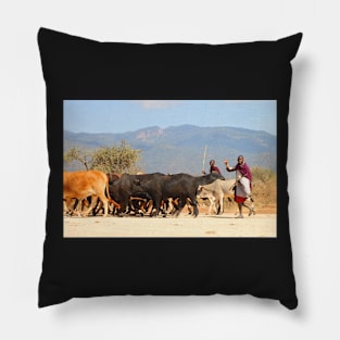 Maasai (or Masai) Herders with Cattle, on the Road, Tanzania Pillow