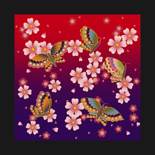 Japanese Butterflies Amid Sakura Blossoms (Red & Purple) by Mozartini