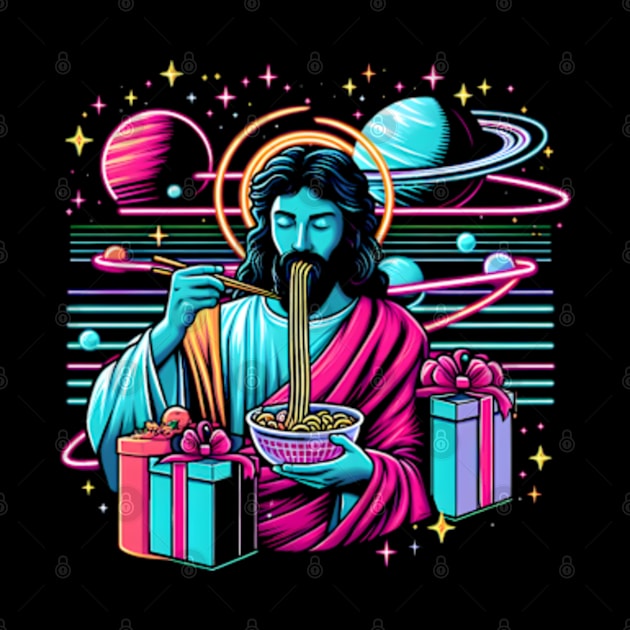 RAMEN JESUS PLANETS UNIVERSE RETRO 80'S NEON VIBE by athirdcreatives