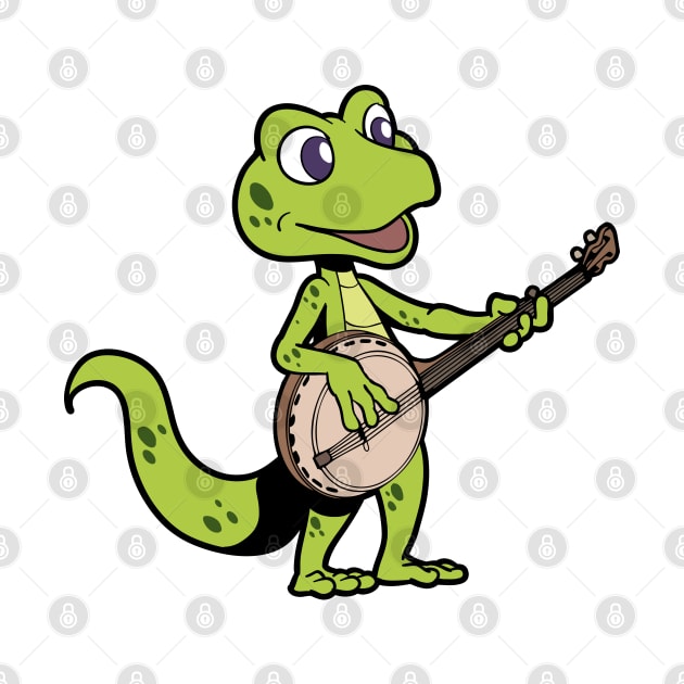 Comic gecko playing banjo by Modern Medieval Design