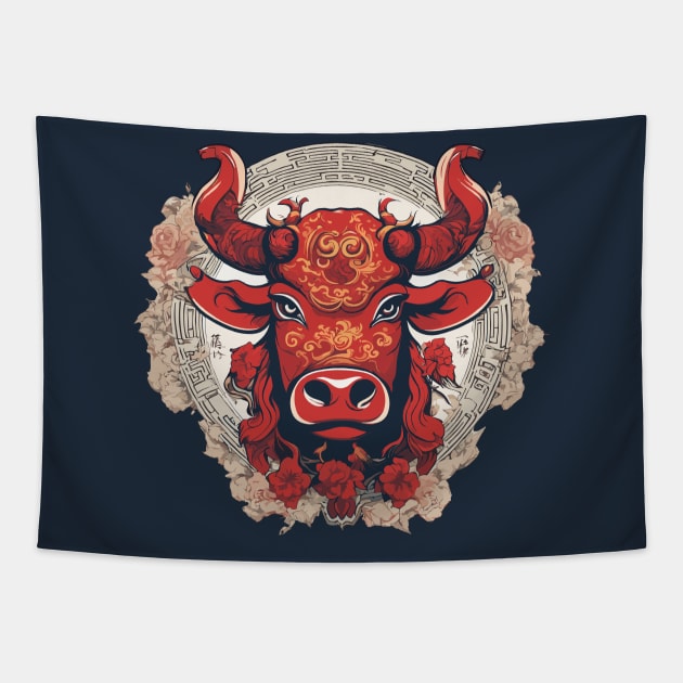 Chinese Ox Zodiac Tapestry by Ray Crimson