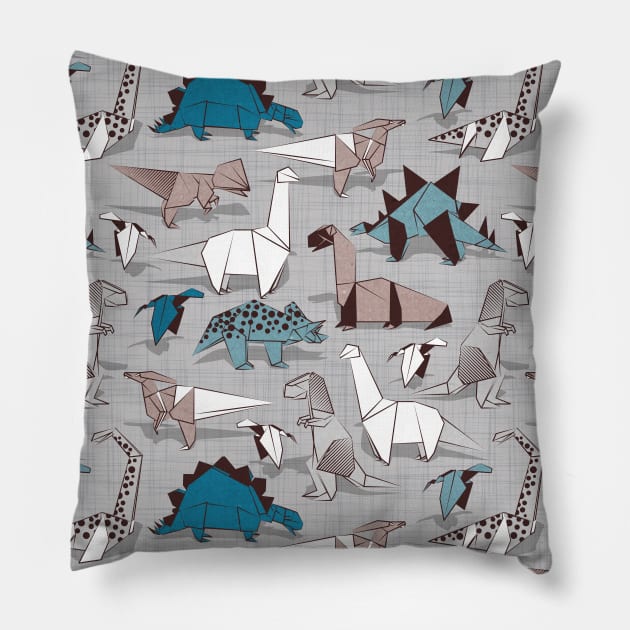 Origami dino friends // pattern // grey linen texture background blue white and beige dinosaurs Pillow by SelmaCardoso