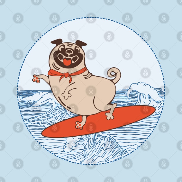 Wave riding pug on surfboard by Cute-Design