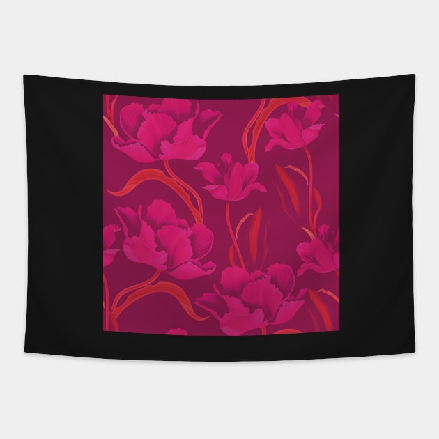 Fantastic pink tulips in a flowing pattern on a purple background Tapestry by marina63