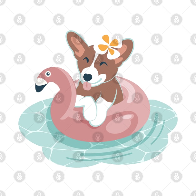 Summer pool pawty // aqua background welsh corgi dog breed in vacation playing on swimming pool by SelmaCardoso