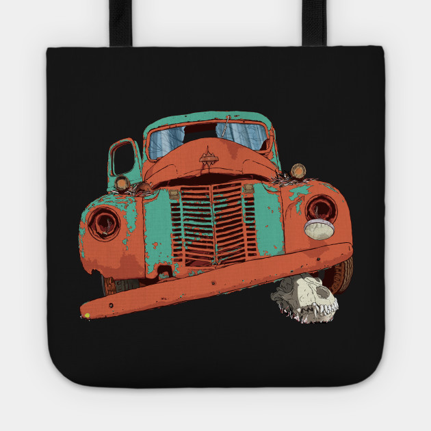 Old Vintage Truck And Wolf Skull Vintage Car Artwork Tote