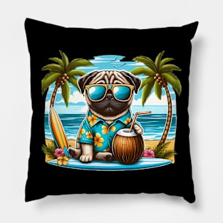 Funny Pug with Sunglasses on a Surf Board Pillow