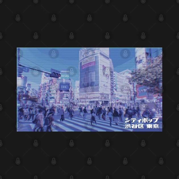 Japanese city pop art series 2 - Shibuya intersection crossing Tokyo Japan in - retro aesthetic - Old retro tv glitch style by FOGSJ