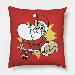 Funny Cartoon Santa Claus Caught in Christmas Lights Pillow