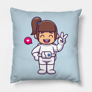 Cute Girl Astronaut With Peace Hand Cartoon Pillow