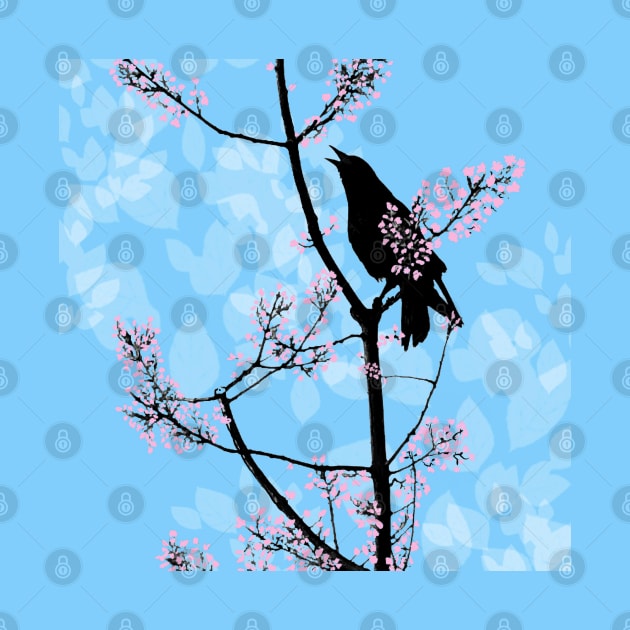 Sing for the Spring - Cherry Blossom, Raven on a Blue Sky by RhondaChase