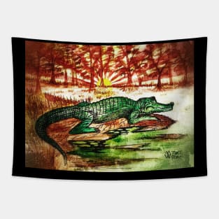 Alligator in Grunge Swamp at Sundown Tapestry